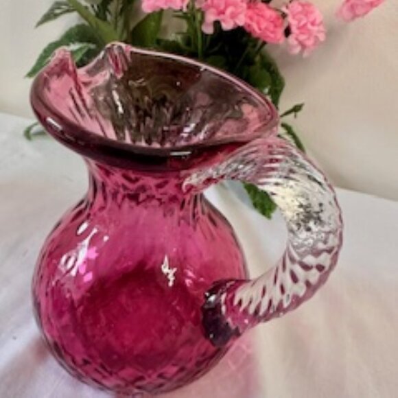 Vintage Cranberry Glass Pitcher with Twisted Clear Handle –‎ Swirled Diamond Pat - Picture 5 of 5